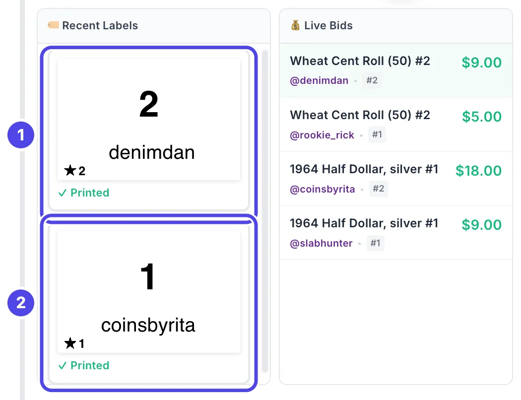Recent Labels next to Live Bids. The top label, number 2 for denimdan, is marked 1, and the label below it, number 1 for coinsbyrita, is marked 2.