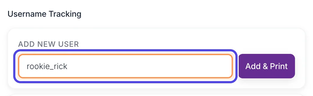 The Username Tracking section with rookie_rick typed in the Enter username box under Add New User, circled.