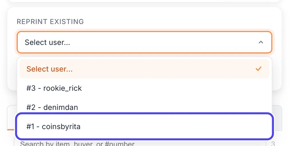 The open buyer list showing #3 - rookie_rick, #2 - denimdan and #1 - coinsbyrita, with #1 - coinsbyrita circled.