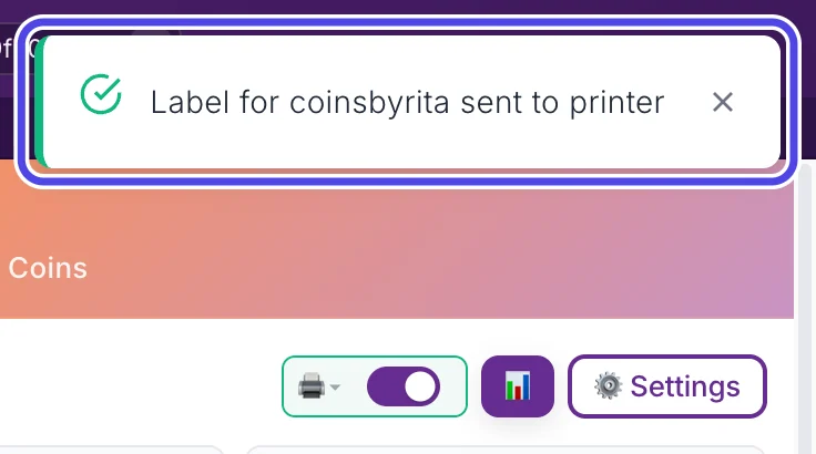 The top right corner of the NotBot window with the message Label for coinsbyrita sent to printer circled.