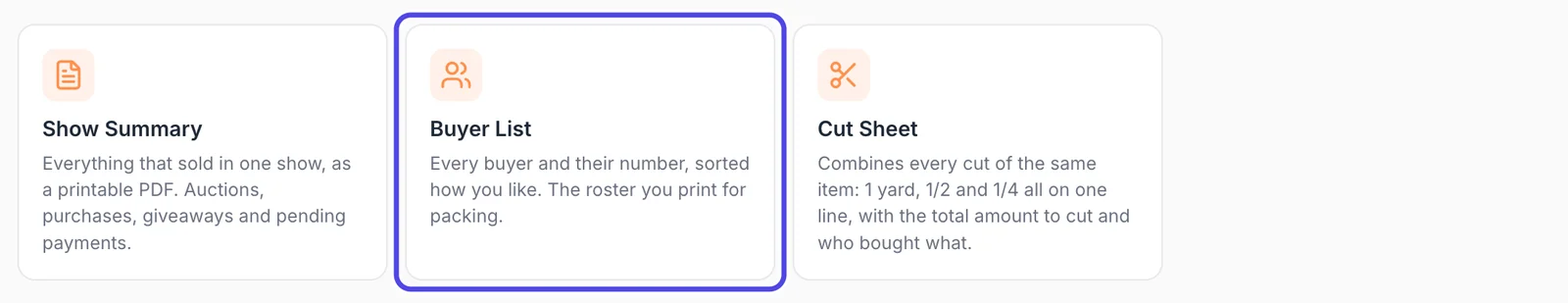 The three ready-made reports, Show Summary, Buyer List and Cut Sheet, with the Buyer List box circled.