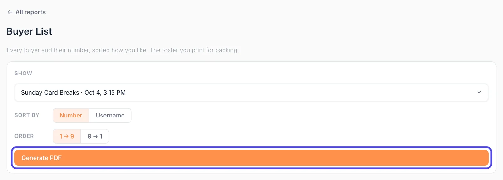 The Buyer List page with the show picked, the Sort by buttons Number and Username, the Order buttons 1 to 9 and 9 to 1, and the orange Generate PDF button circled.