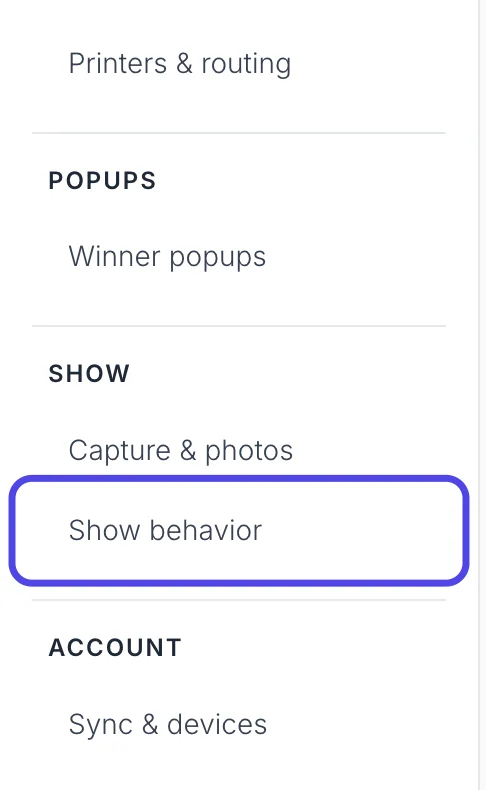 The Advanced Settings list on the left with Show behavior circled.