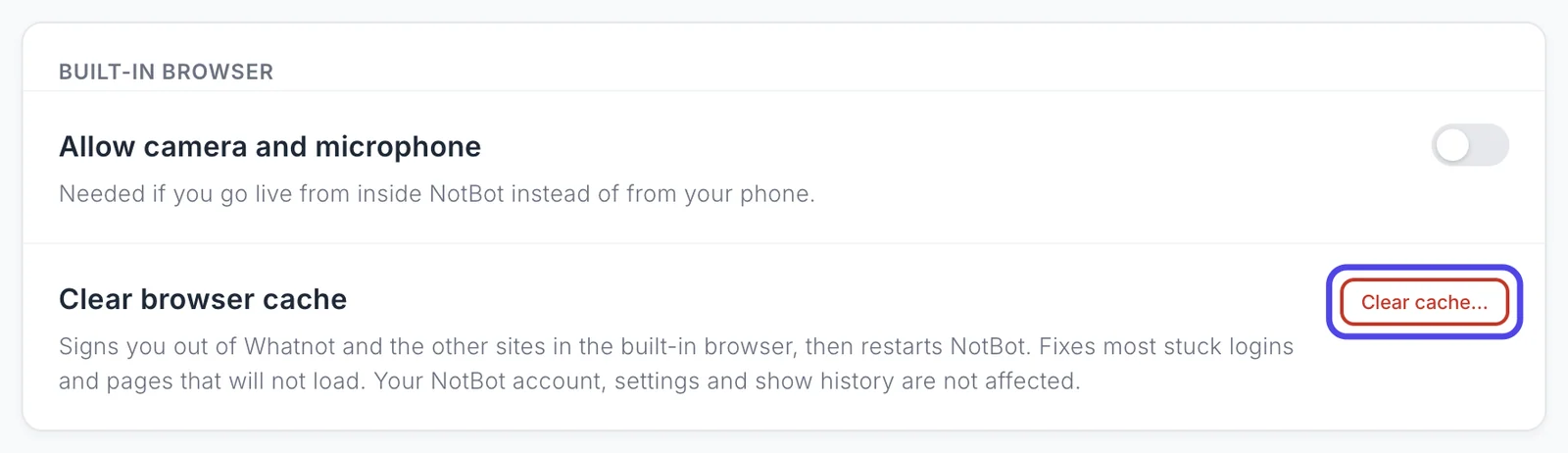 The Built-in browser box on the Show behavior page, with the red Clear cache button next to Clear browser cache circled.