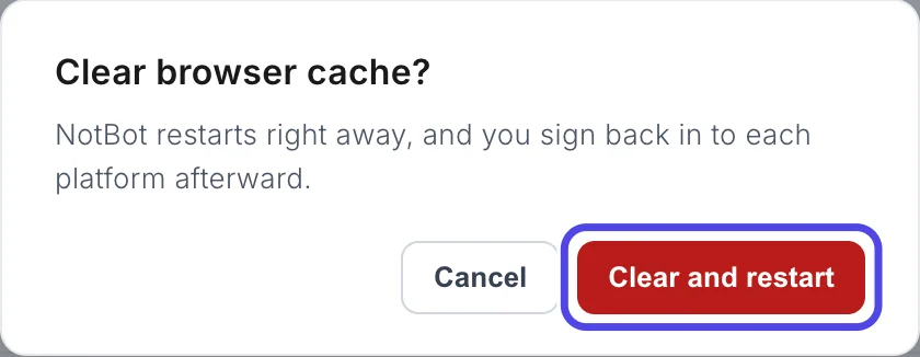 The Clear browser cache window with the red Clear and restart button circled, next to Cancel.