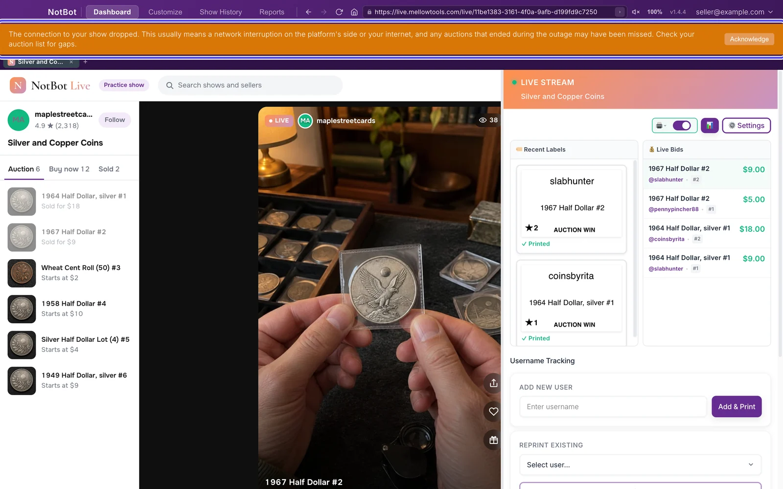 The whole NotBot window during a show, with the orange connection bar circled across the top, directly under the top bar and above the show tab.