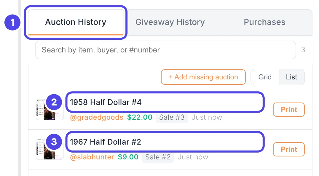 The Auction History list in the NotBot panel. The Auction History tab is numbered 1, the newest sale 1958 Half Dollar #4 is numbered 2 and the sale before it, 1967 Half Dollar #2, is numbered 3. Lot #3 is missing between them.