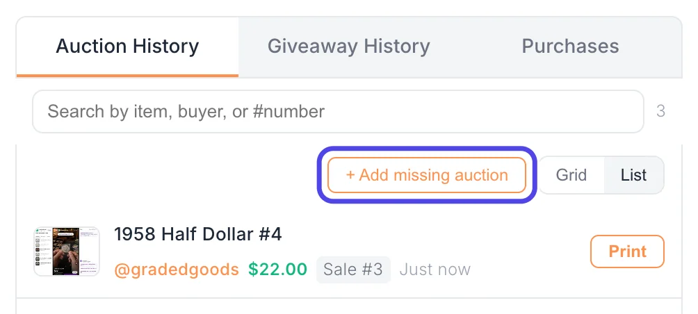 The top of the Auction History list with the + Add missing auction button circled.