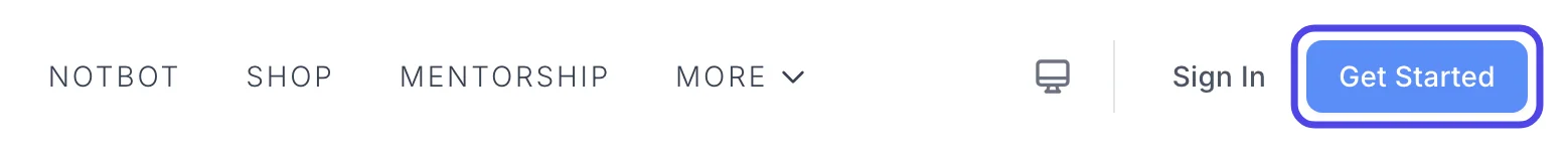 The top of our website, with the menu and the blue Get Started button at the right end circled.