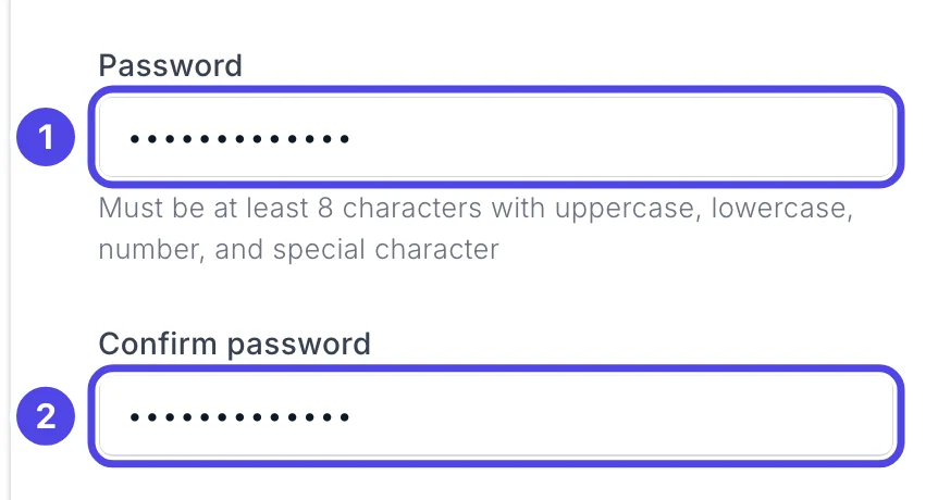 The Password box, numbered 1, and the Confirm password box, numbered 2, both filled in with hidden characters, with the password rules written under the first box.