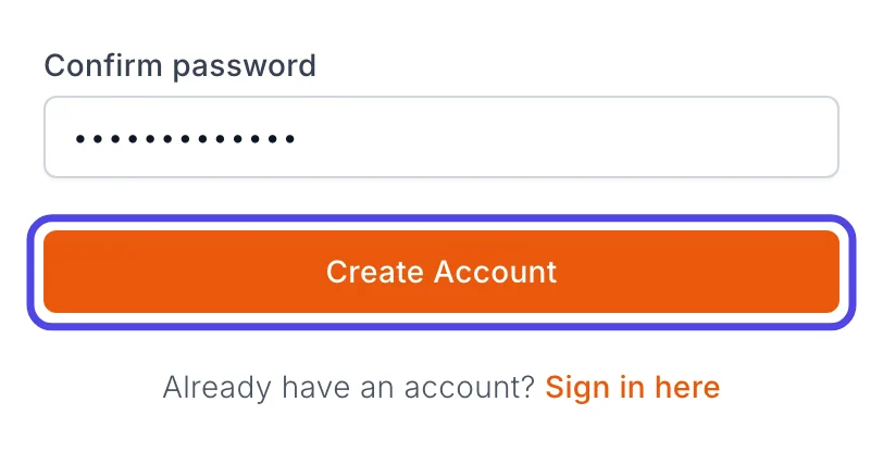 The bottom of the sign-up form, with the orange Create Account button circled.