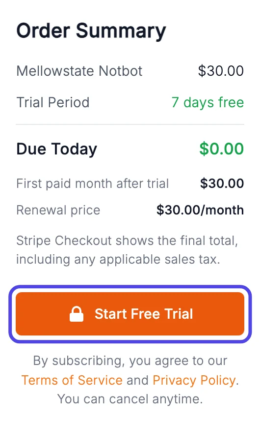 The Order Summary box, showing 7 days free, $0.00 due today and $30.00 for the first paid month, with the orange Start Free Trial button circled.