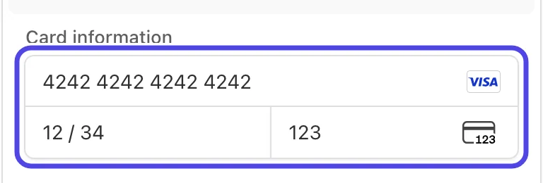 The Card information boxes, circled, filled in with a card number, an expiry date of 12 / 34 and a security code.