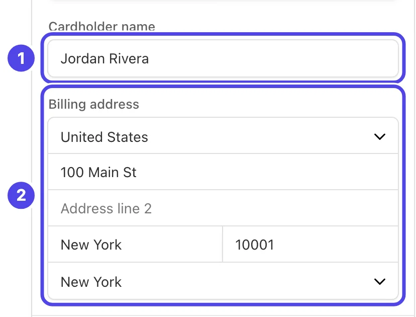 The Cardholder name box, numbered 1, and the Billing address boxes, numbered 2, filled in with a street address in New York.