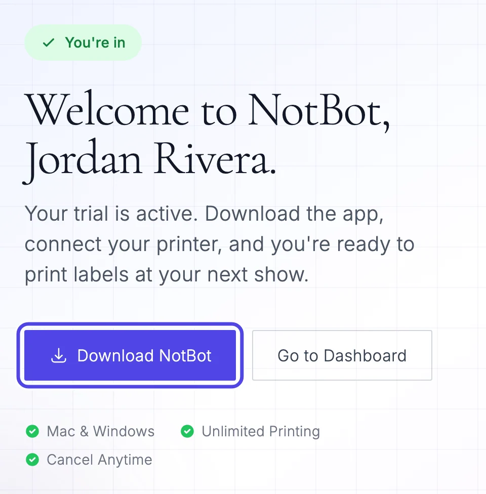 The You're in page, saying Welcome to NotBot with the new seller's name and Your trial is active, with the purple Download NotBot button circled.