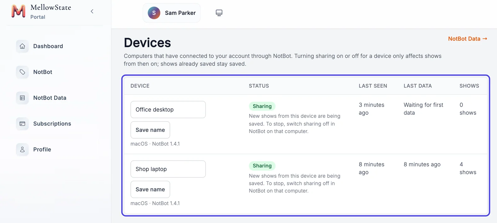 The Devices page on the website, listing two computers, Office desktop and Shop laptop, each with its status, last seen, last data and number of shows. The list is circled.