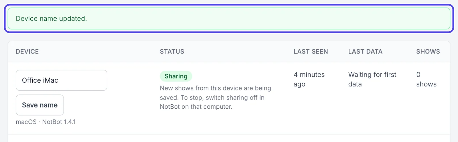 The green note Device name updated. above the list, and the first row now named Office iMac. The note is circled.