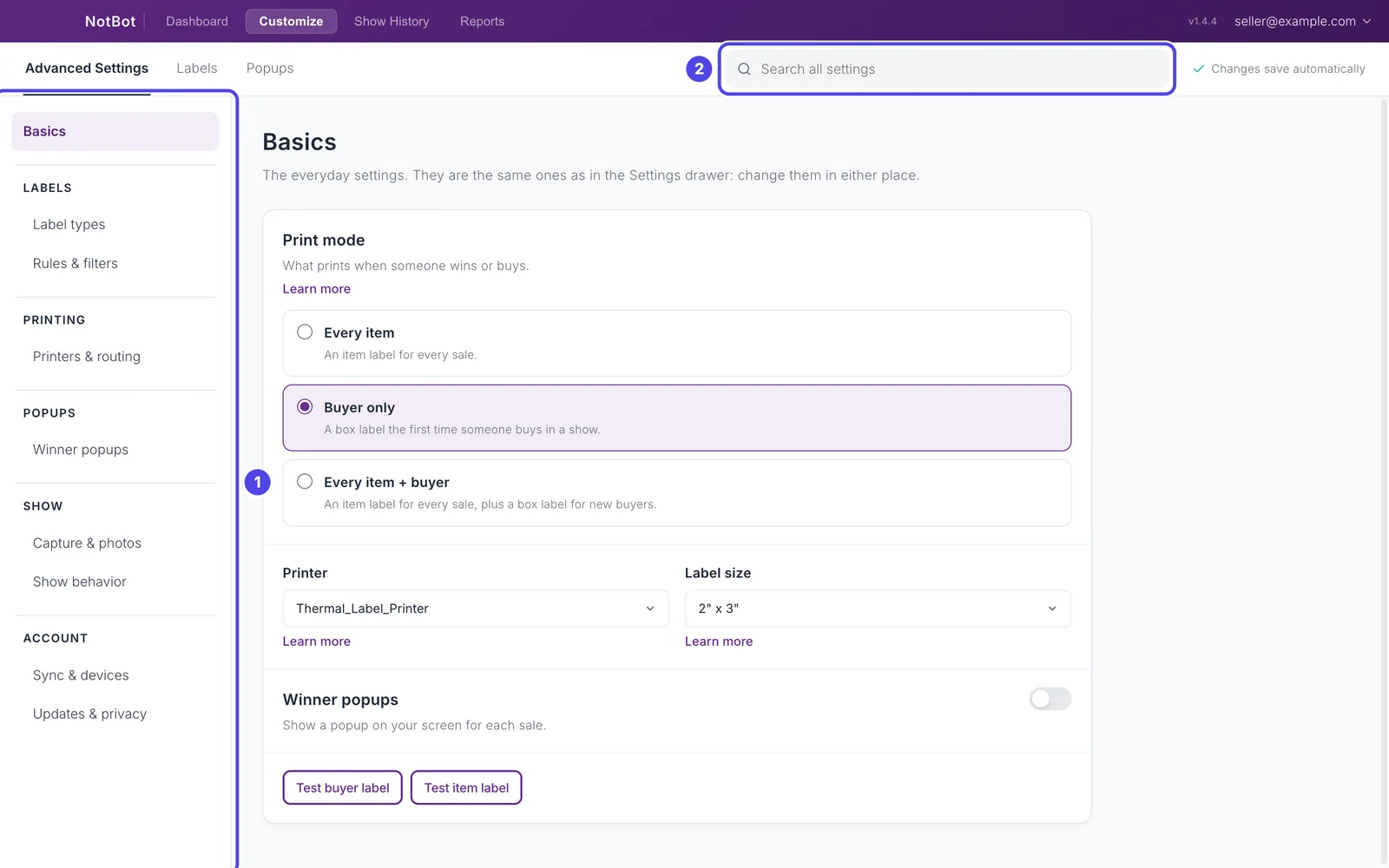 The whole Advanced Settings screen on the Basics page: 1 the page list on the left and 2 the Search all settings box at the top, with Changes save automatically next to it.