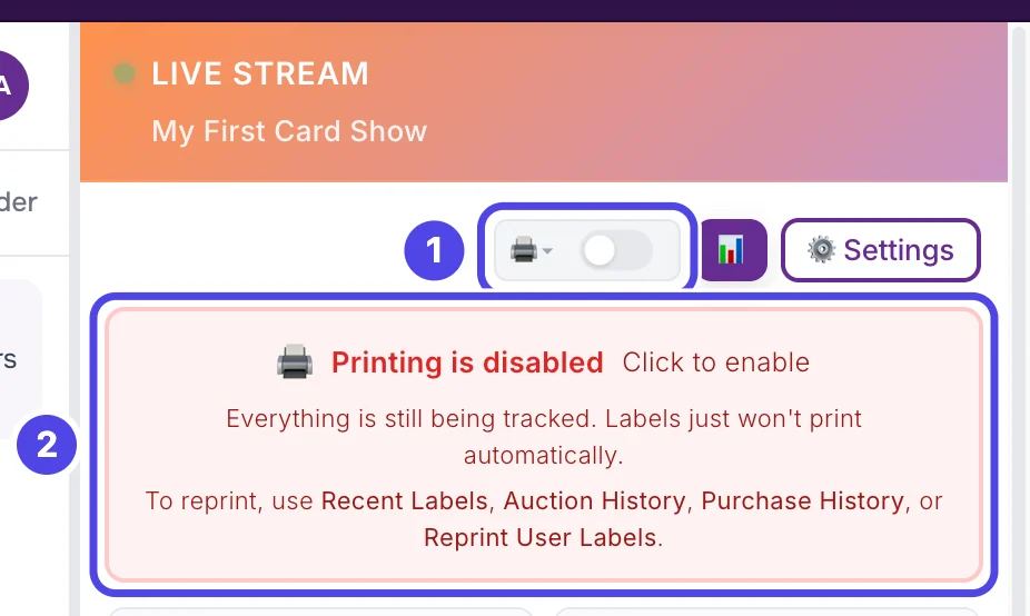 The top of the NotBot panel with auto-print off. The printer picture and the grey switch are marked 1 and the red Printing is disabled box, which says Click to enable, is marked 2.