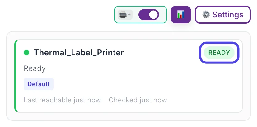 The printer status box under the auto-print switch. It shows the printer name Thermal_Label_Printer with a green dot and the word Ready, which is circled.