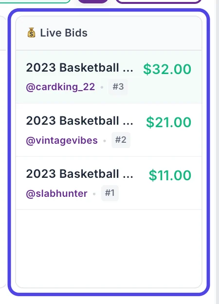 The Live Bids column of the NotBot panel listing three bids on the same card, newest first: 32 dollars from cardking_22, 21 dollars from vintagevibes and 11 dollars from slabhunter. The column is circled.