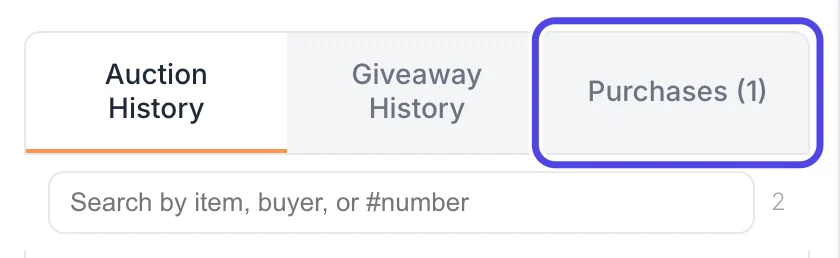 The tabs near the bottom of the NotBot panel: Auction History, Giveaway History and Purchases (1). The Purchases tab is circled.