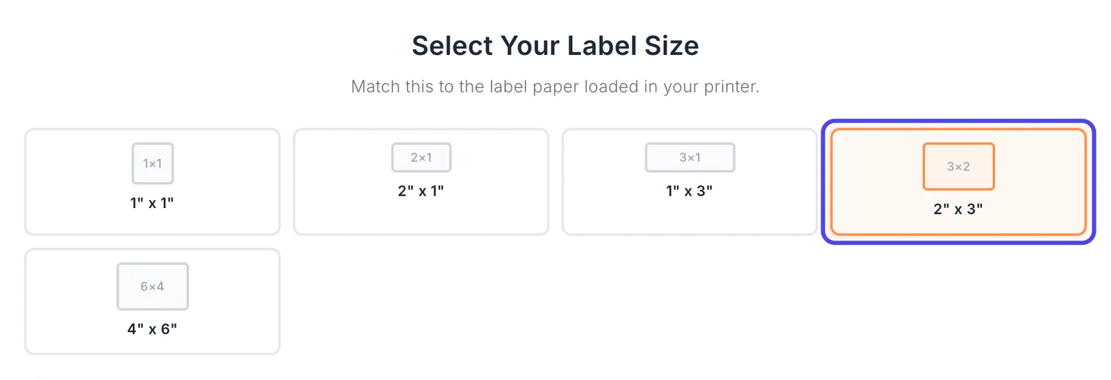 The Select Your Label Size screen with five size boxes. The 2 by 3 inch box is circled and has an orange border because it is chosen.