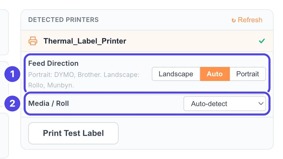 The printer settings under the selected printer: 1 Feed Direction with the buttons Landscape, Auto (orange, chosen) and Portrait; 2 Media / Roll set to Auto-detect.