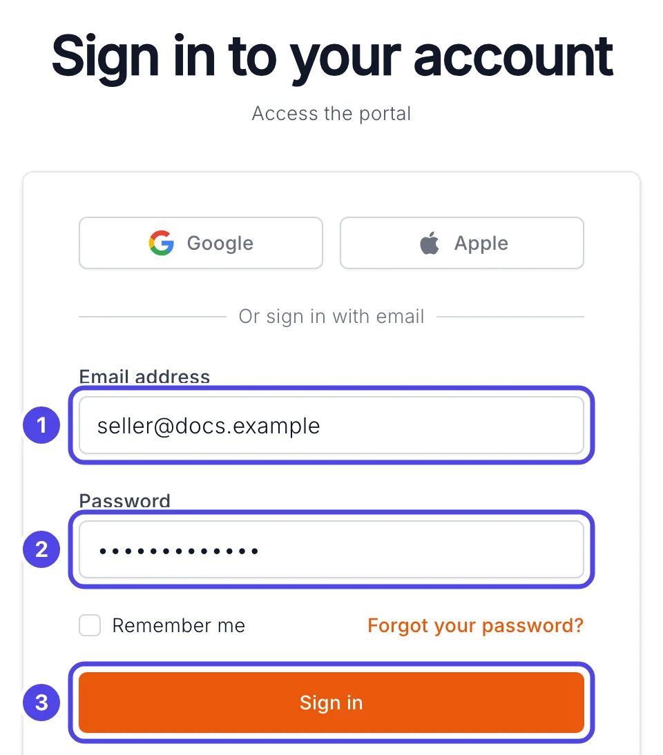 The sign-in page, with the email box numbered 1, the password box numbered 2 and the Sign in button numbered 3.