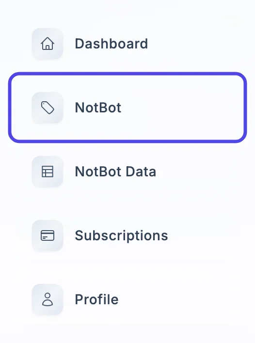 The menu on the left side of the website, with NotBot circled under Dashboard.