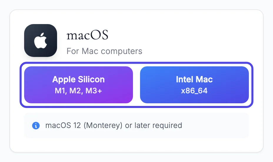 The macOS download box, with the two buttons circled: Apple Silicon (M1, M2, M3+) on the left and Intel Mac on the right.