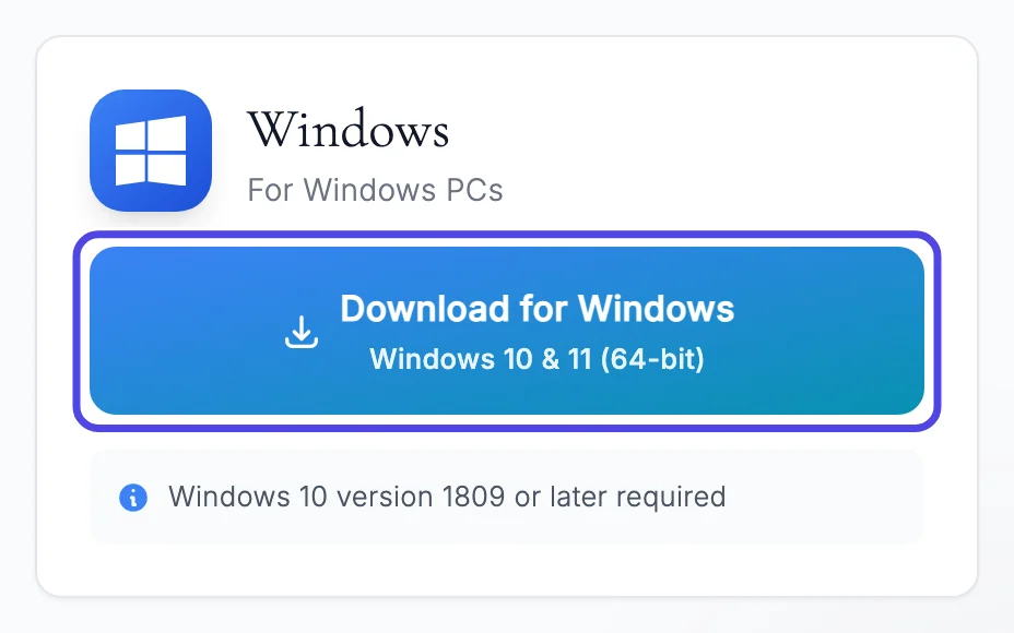 The Windows download box, with the Download for Windows button circled.