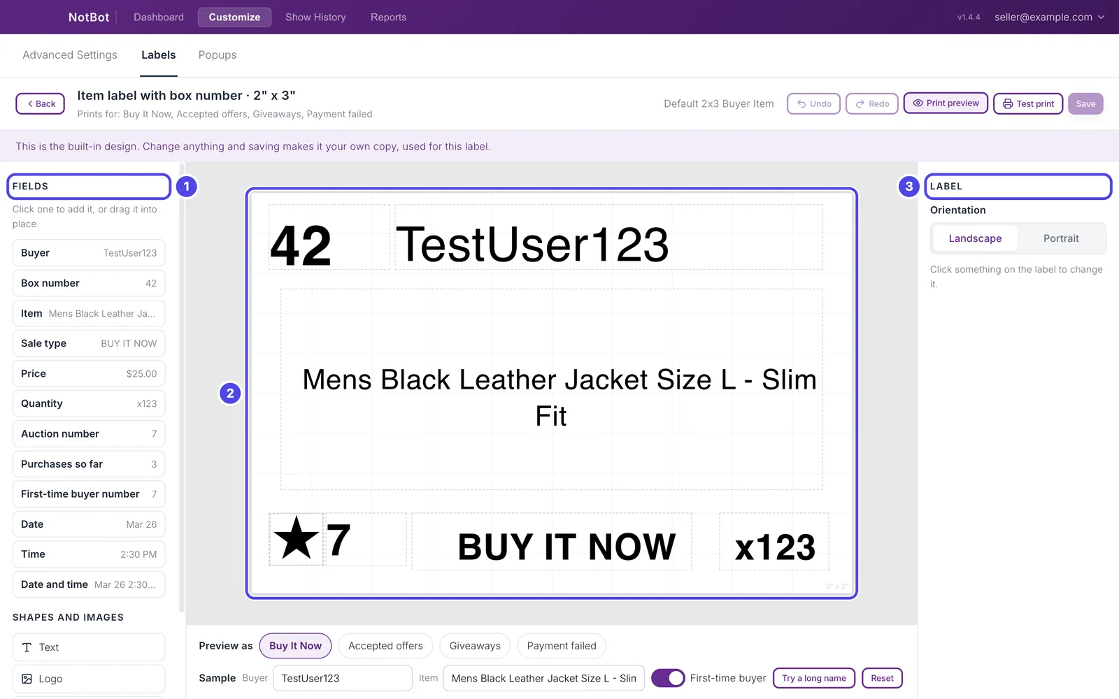 The whole label editor: the Fields list on the left (its heading numbered 1), the label in the middle numbered 2, and the settings panel on the right (its heading, Label, numbered 3).
