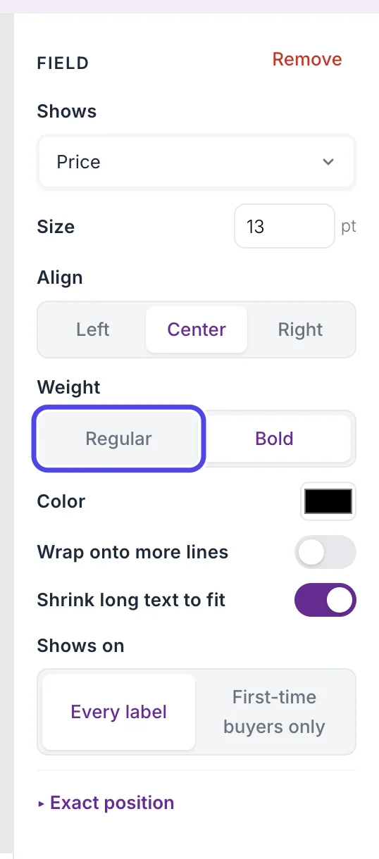 The settings panel for the Price field, showing Shows, Size, Align, Weight, Color, Wrap onto more lines, Shrink long text to fit and Shows on. Regular under Weight is circled.