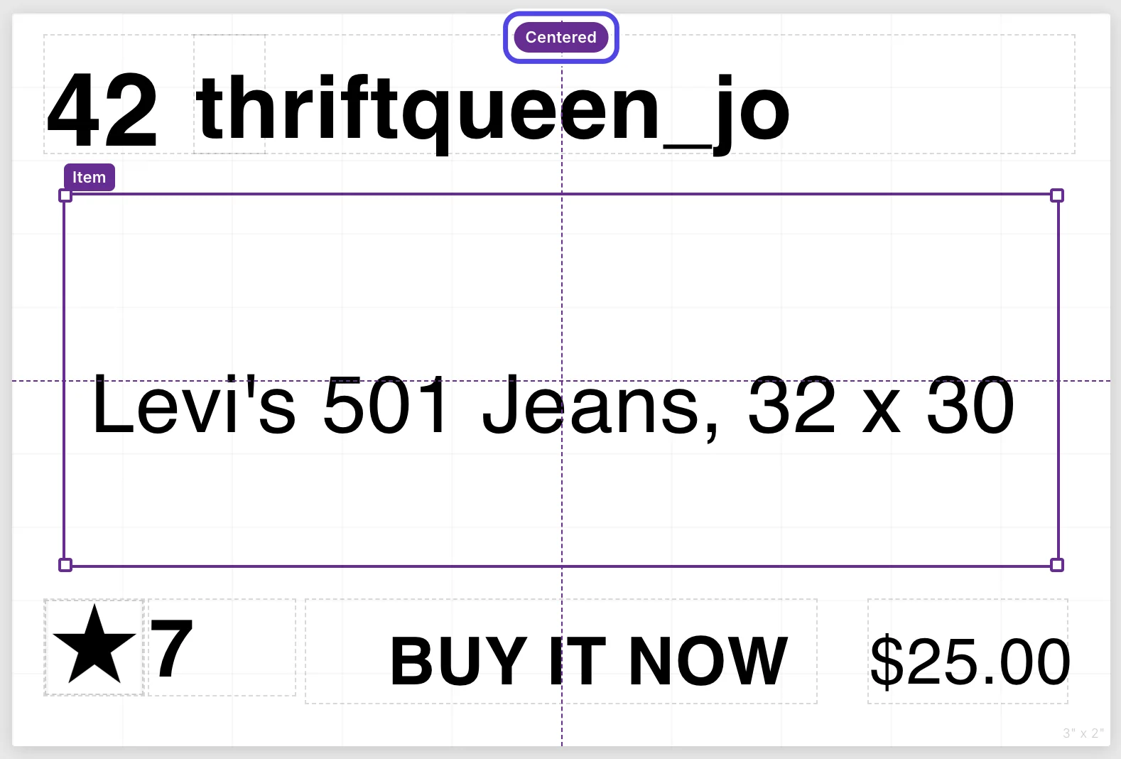 The item name being dragged on the label. Dotted purple lines cross the middle of the label and a Centered tag shows at the top.