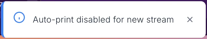The message Auto-print disabled for new stream in the top right corner of NotBot.