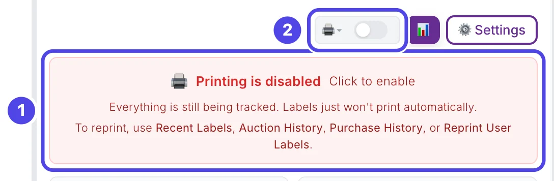 The top of the NotBot panel. The red Printing is disabled box is numbered 1 and the printer button with its grey switch is numbered 2.