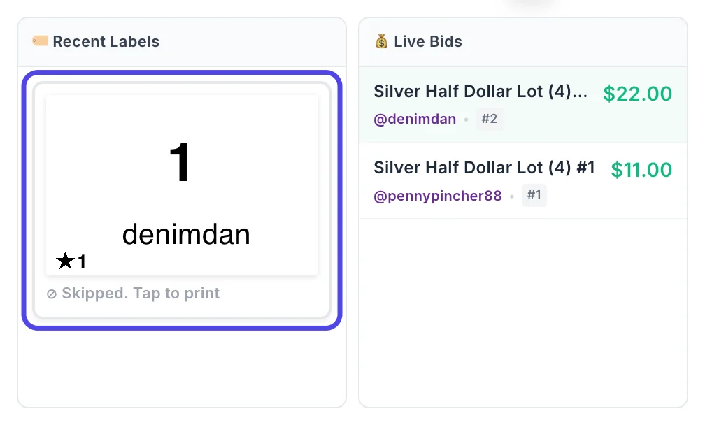 Recent Labels with a card for buyer denimdan circled. Its status line says Skipped. Tap to print.