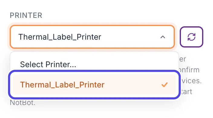 The open Printer list with the printer Thermal_Label_Printer circled.