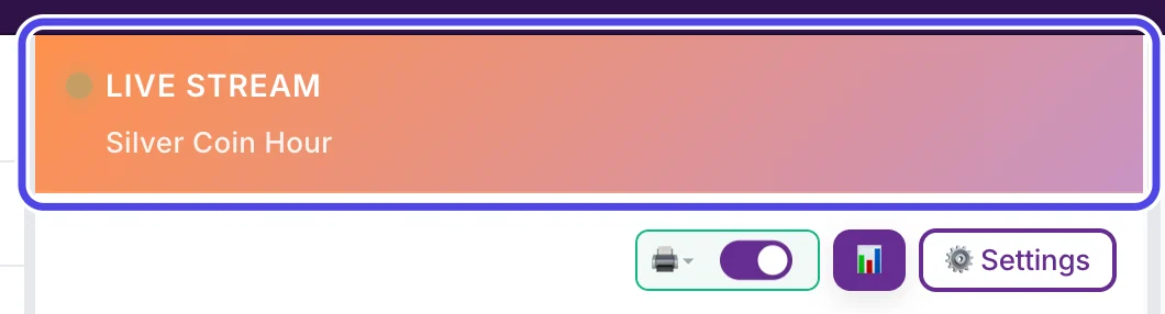 The orange bar at the top of the NotBot panel, circled. It says LIVE STREAM and the show name Silver Coin Hour.