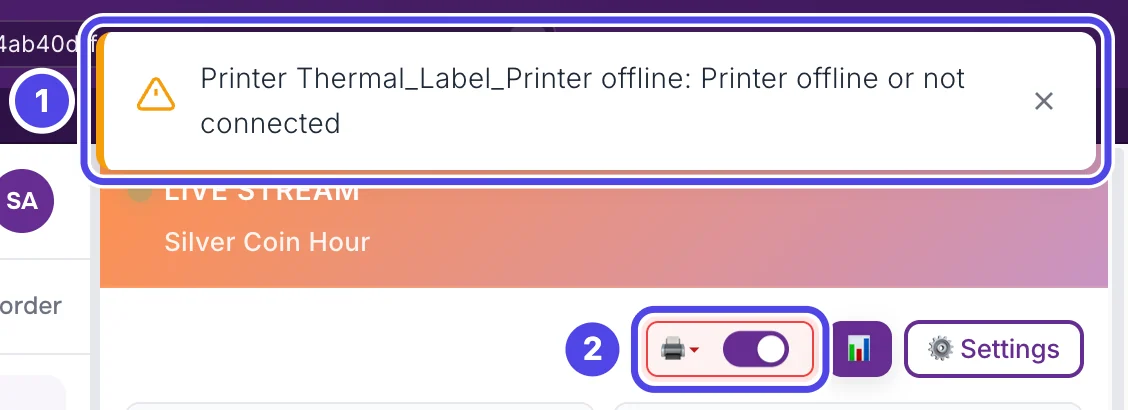 The top of the NotBot panel with a message in the corner that says Printer Thermal_Label_Printer offline: Printer offline or not connected, marked 1, and the printer picture and switch inside a red box, marked 2.