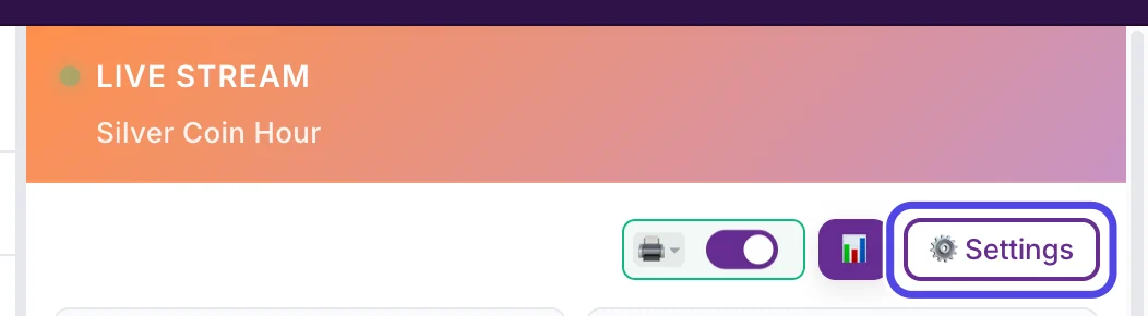 The row of controls under the show name. The Settings button is circled.
