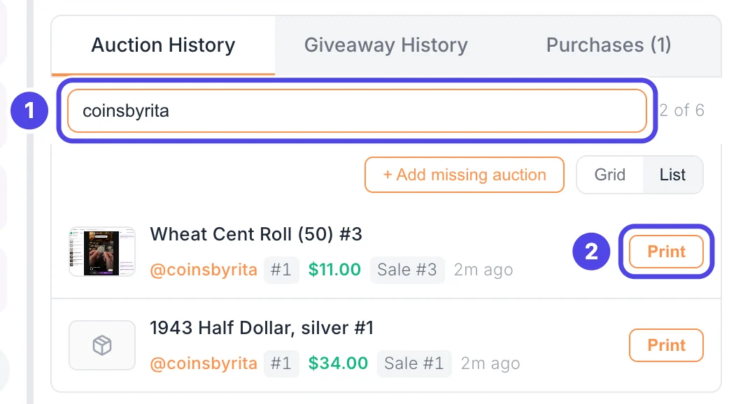 The Auction History tab with coinsbyrita typed in the search box, marked 1. Two sales by coinsbyrita are listed, and the Print button on the first one is marked 2.