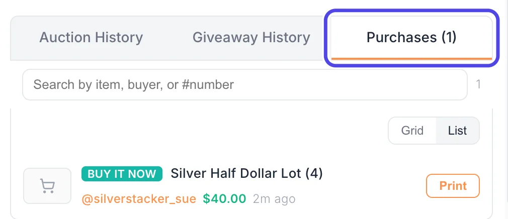 The Purchases (1) tab, circled, showing one sale tagged BUY IT NOW: Silver Half Dollar Lot (4) bought by silverstacker_sue for 40 dollars, with a Print button.
