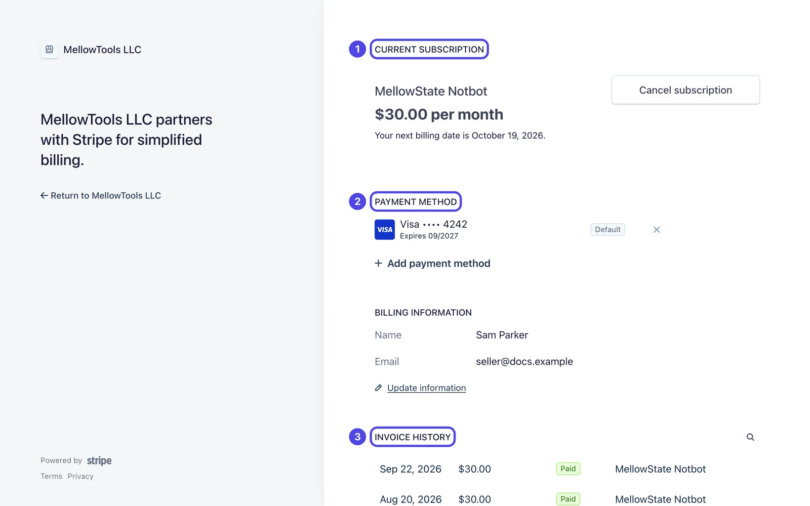 The whole billing page, with Current subscription numbered 1, Payment method numbered 2 and Invoice history numbered 3.