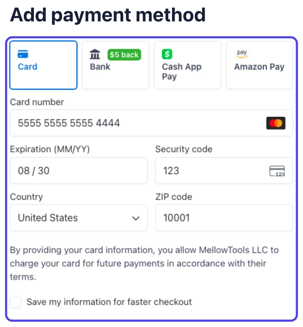 The Add payment method page with Card picked and the card number, expiration date, security code and ZIP code filled in, all circled.