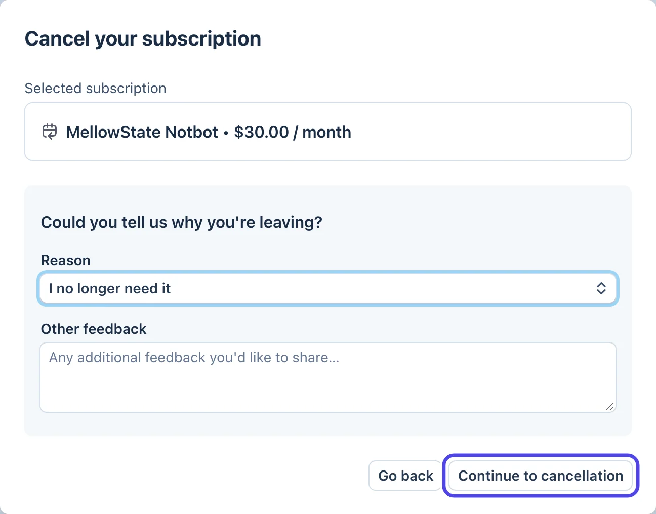 The Cancel your subscription box with the reason I no longer need it chosen, an empty Other feedback box under it, and the Continue to cancellation button circled.