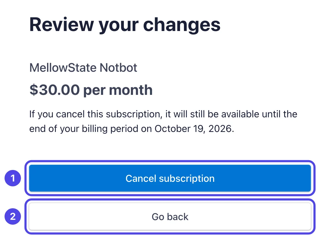 The Review your changes page, saying the subscription will still be available until the end of the billing period, with the blue Cancel subscription button numbered 1 and Go back numbered 2.