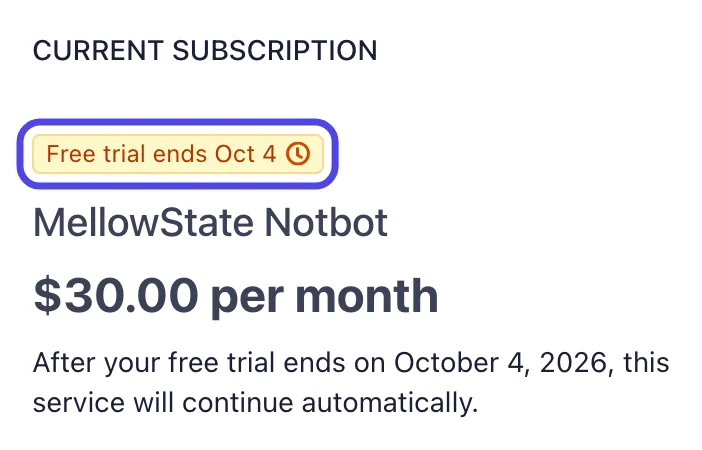 The Current subscription part of the billing page during a free trial, with the yellow Free trial ends tag circled and the line saying the service continues automatically after the trial.