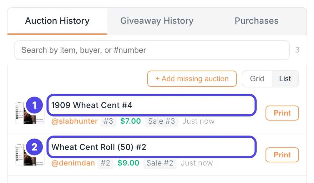 Auction History in the NotBot panel with three sales. The item named 1909 Wheat Cent #4 is marked 1 and Wheat Cent Roll (50) #2 below it is marked 2, showing that item #3 is missing.